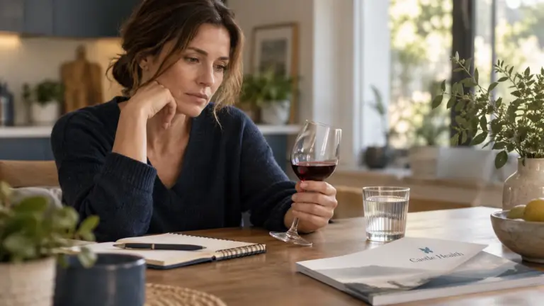 A woman sits at a kitchen table holding a glass of wine and thinking about alcohol and cancer, with a notebook, water glass and health booklet nearby.