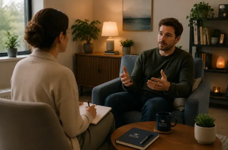 Therapist providing one to one therapy in a calm individual counselling session.