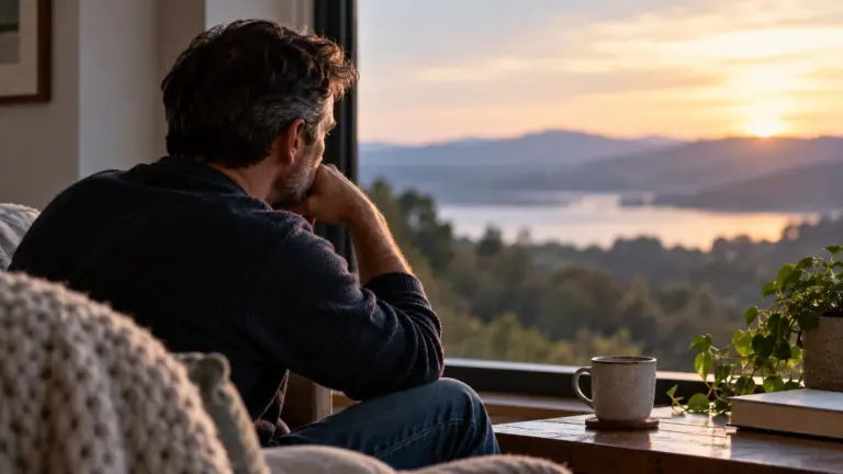 A middle-aged man sits alone by a window in quiet reflection, capturing the midlife crisis withdrawal stage and a sense of social withdrawal.