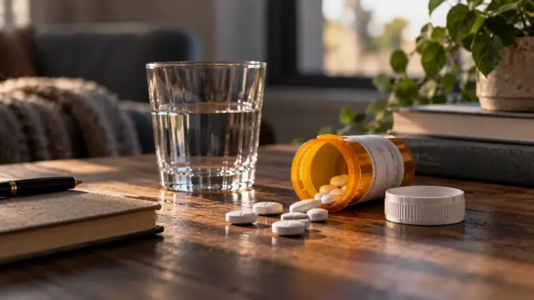 An open prescription bottle with scattered tablets and a glass of water on a table, raising the question: do drugs expire, and when should medication be replaced?