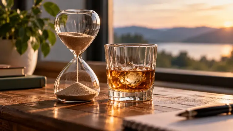 An hourglass sits beside a glass of whisky on a table, raising the question: Does alcohol shorten your life?