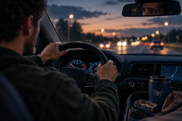 A driver grips the steering wheel at dusk, with mushrooms visible in the car, highlighting the risks of driving after taking mushrooms.