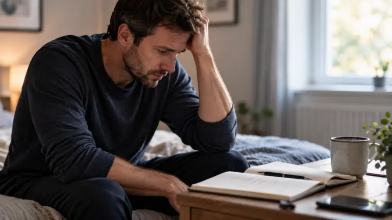 A man sits on the edge of a bed with his head in his hand, reflecting on whether he has had a slip vs relapse.