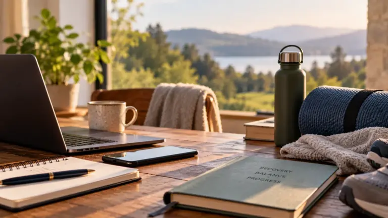 A laptop, notebook and recovery journal sit beside walking shoes and a yoga mat, reflecting work life balance in recovery.