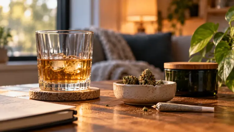 A glass of whisky sits beside cannabis buds and a rolled joint on a table, showing alcohol and cannabis in a home setting.