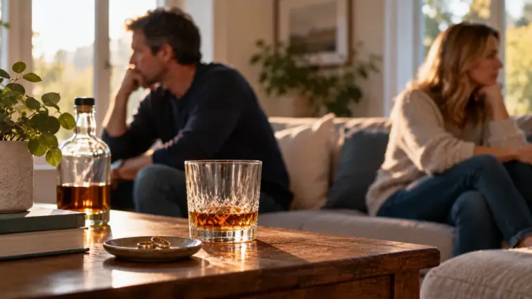A married couple sit apart on a sofa, with a bottle of alcohol, whisky glass and wedding rings on the table between them, reflecting the strain of alcoholism and marriage.