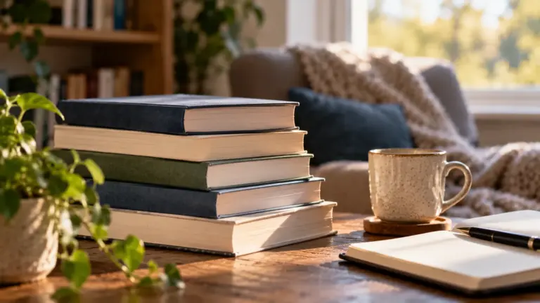 A stack of books sits on a table beside a notebook and mug, creating a calm reading space for a blog about books on addiction.