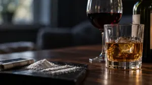 A close-up of alcohol and cocaine on a table, showing the risks associated with cocaethylene.