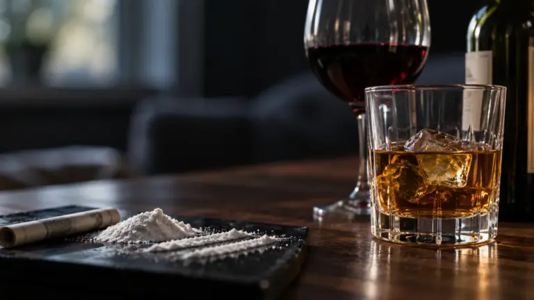 A close-up of alcohol and cocaine on a table, showing the risks associated with cocaethylene.