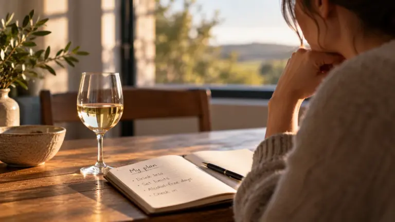 A woman sits at a table beside a glass of wine, reviewing her controlled drinking plan with goals to reduce alcohol consumption and introduce alcohol-free days.