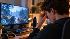 A young man rubs his eyes at a gaming desk, showing how prolonged screen use can lead people to ask, does playing video games affect your eyes.