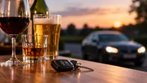 Car keys sit beside glasses of wine, beer and spirits, with a car in the background, raising the question of how much alcohol is too much to drink drive.