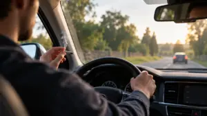 A man drives at sunset with a joint in his hand, raising the question of how long after smoking weed can you drive.