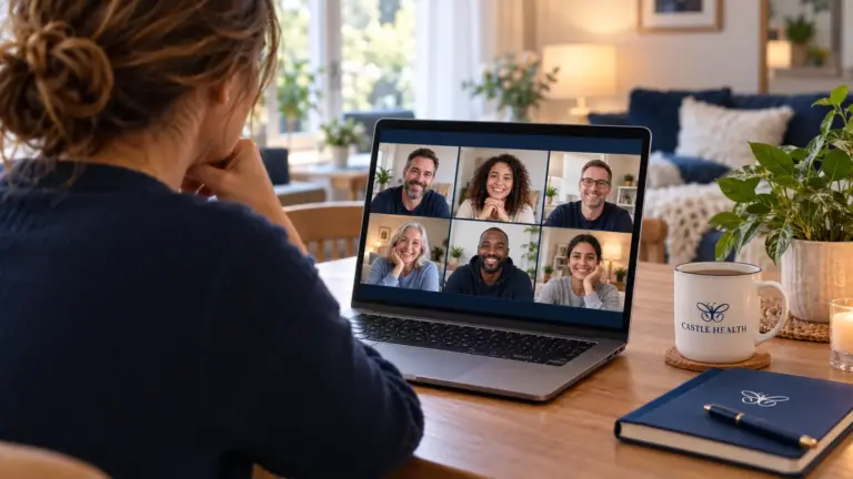 A woman takes part in online addiction meetings from home, connecting with a supportive recovery group through a video call on her laptop.