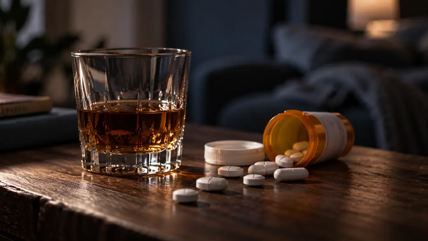 A glass of alcohol sits beside an open prescription bottle and scattered pills, highlighting the dangers of mixing opioids and alcohol.
