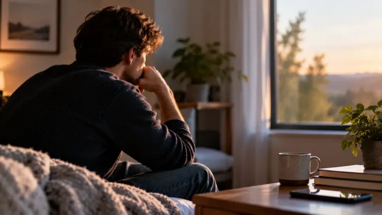 A man sits quietly by a window, reflecting on his experiences with porn and anxiety, with his phone resting on a nearby table.