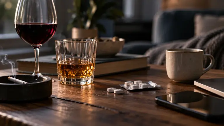 A collection of alcohol, cigarettes and prescription pills arranged on a table, showing different types of drugs and substances.